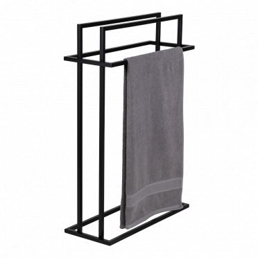 czarny wolnostojący wieszak na ręczniki wykonany ze stali z powieszonym na nim ręcznikiem
