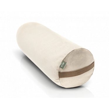 Wałek do jogi w naturalnym kolorze z uchwytem ze skóry i metką WELLB, na białym tle.